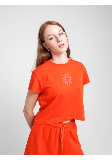 Kız Çocuk Güneş Baskılı Kısa Tshirt-12690 Turuncu
