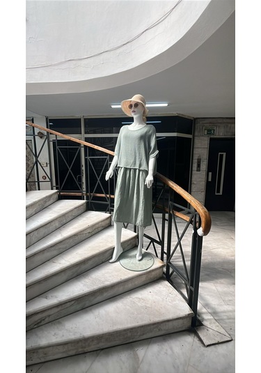 İtalyan Müslin Keteni Üstü File Bluzlu Astarlı Tek Parça Elbise-9256 Su Yeşili