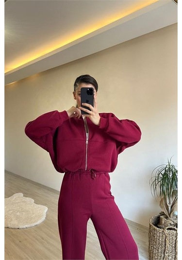Neşeli Butik Kadın Fermuarlı Oversize Sweat Ve Yüksek Bel Eşofman Takımı Nm018 Bordo