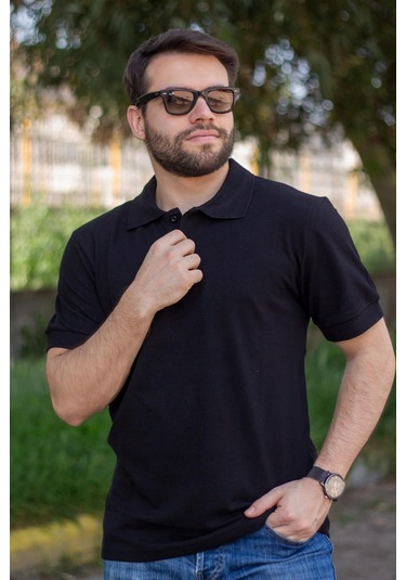 Erkek Siyah Rahat %100 Pamuk Ribana Kol Polo Yaka T-shirt 24eplypope 001