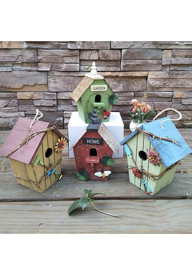 Qingmipy Ahşap Kuş Yuvası Bahçe Dekoru - Mavi Çatıklı Eğik Tasarım, Dış Mekan Ası, Kuş Gözlem Penceresi, Ahşap Malzeme