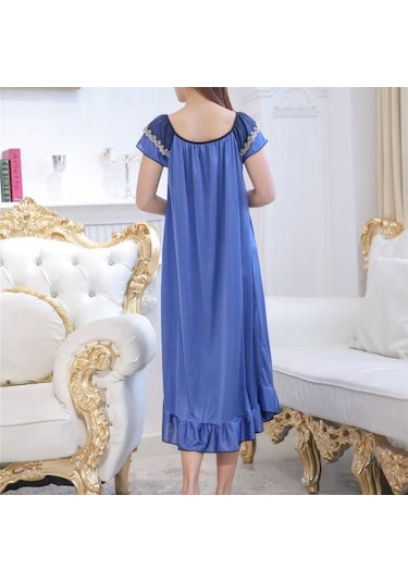 Koyu Mavi Yaz Gecelik Bağcıklı Uyku Rahat Güzel Sahte Saten Yaz Gevşek Gecelik Ev Giyim Xl Koyu Mavi