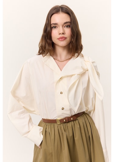 Bağlamalı Detaylı Tasarım Gömlek Tereyağı Tereyağı Krem