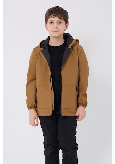 Erkek Çocuk Taba İçi Astarlı Su Ve Rüzgar Geçirmez Kapüşonlu Çift Fermuarlı Cepli Mont Taba