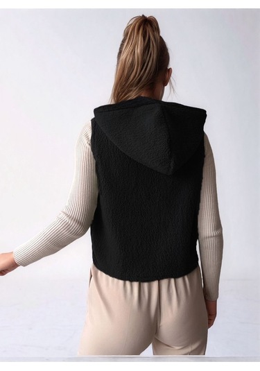 Kadın Önü Çıtçıtlı Kapüşonlu Yan Cepli Tasarım Yaka Spor Şık Crop Peluş Yelek Mavi