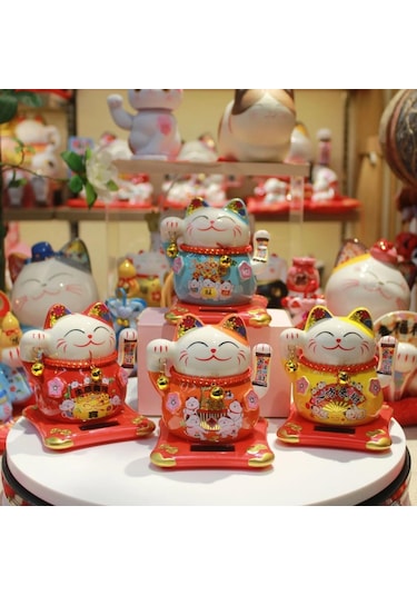 Seramik Maneki Neko Turuncu Güneş Enerjili Şans Kedisi 12cm No.4