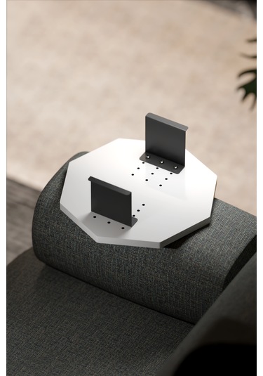 İkili Yan Sehpa Ayarlanabilir Tepsi Sekizgen Beyaz