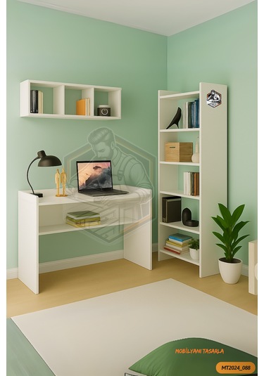 Tamamı Mdf Kitaplıklı Duvar Raflı Çalışma Odası Seti