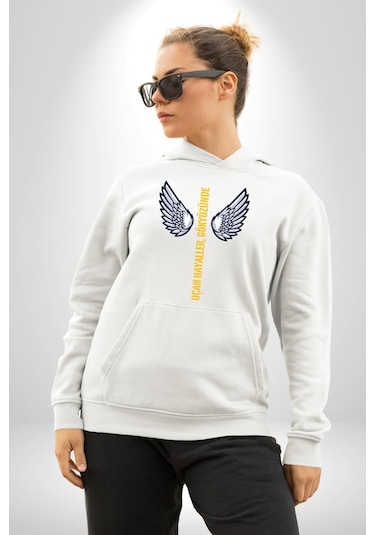 Uçan Hayaller Gökyüzünde Melek Kanatları Kadın Erkek Beyaz Kapüşonlu Sweatshirt Hoodie Beyaz