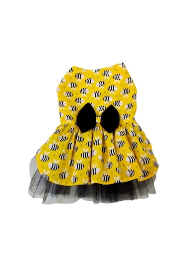 Arı Desenli Sarı Kedi Köpek Kıyafeti Elbisesi