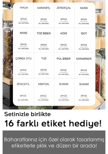 12'li Bambu Kapaklı Cam Baharatlık Seti - Etiketli Tuzluk Biberlik Köşeli Baharat Takımı 120 Ml ŞEffaf