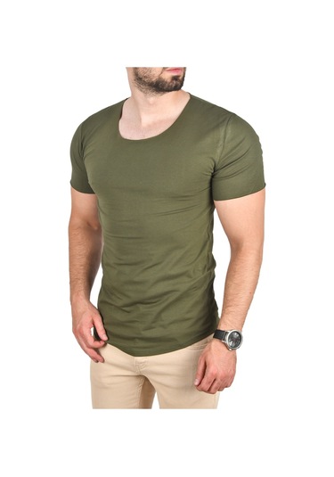 Deepsea Erkek Haki Geniş Yaka Likralı Tişört Oval Yaka Slim Fit Eteği Oval Açık Yaka T-shirt 1801199 Haki