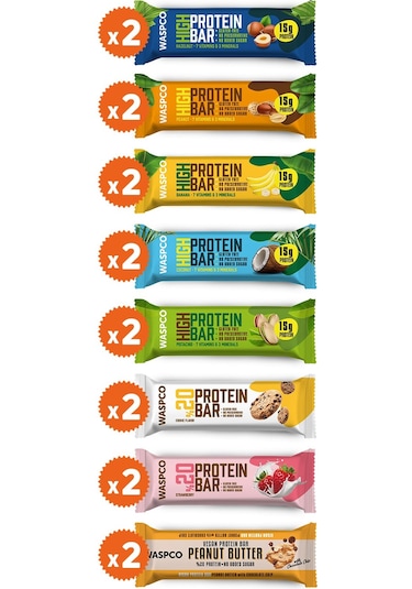 Waspco Protein Bar Karma Kutu 8 Çeşit Toplam 16 Adet