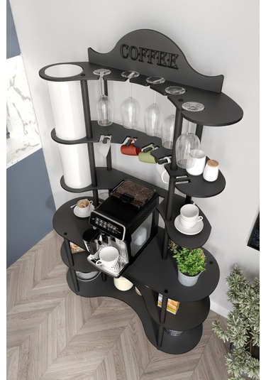 Brew-blıss Mutlu Kahve Köşesi-çok Amaçlı Mutfak Rafı Siyah-lambader Aydınlatmalı Siyah