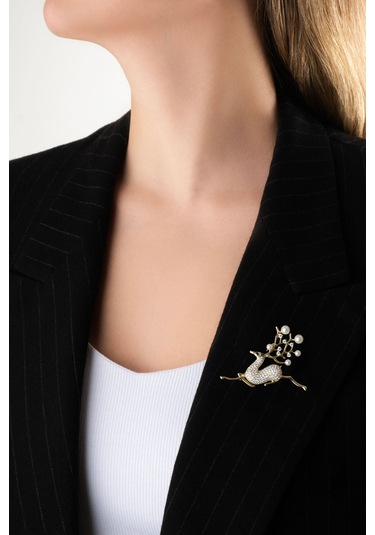 Ren Geyiği 18 Ayar Sarı Altın Kaplama Gümüş Broş Sarı Altın Kaplama