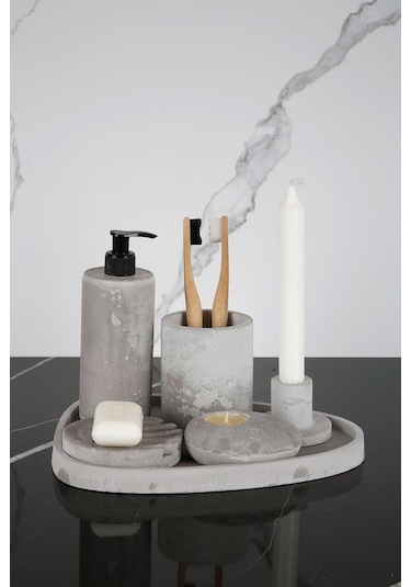 Betonmall 6 Parça Mermer Desenli Beton Banyo Seti Katı Ve Sıvı Sabunluk Mumluk Tütsülük Diş Fırçalığı - Beton Gri Beton Gri