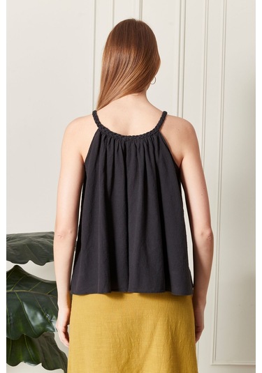 Şık Farklı Tarz Keten Işıl Bluz - Zarif Ve Modern Tasarım Siyah