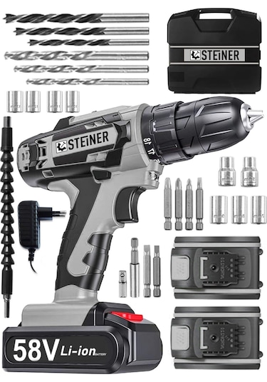 Steiner V-tech 58 V 5 Ah Darbeli Şarjlı Çift Akülü Vidalama Matkap Gri