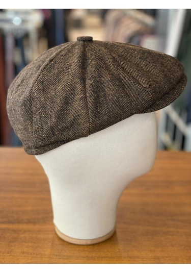 Peaky Blinders Tarz İngiliz Model Balıksırtı Desen Kaşe Kumaş Kasket Şapka Kırmızı Kahverengi