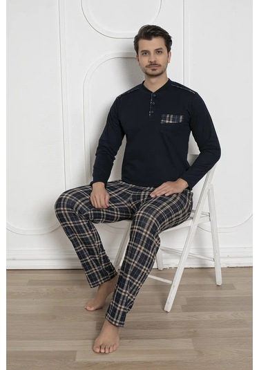 Erkek Ekose Desen Likralı Pamuk Uzun Kol Kışlık İnterlok Göğüs Cepli Pijama Takımı Lacivert