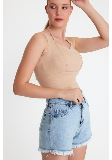Polo State Kadın Ense Biye Detaylı Crop Bej