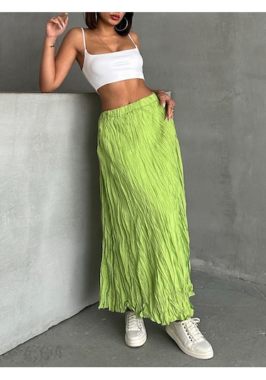 Kadın Buruşuk Modal Dokulu Soft Uzun Etek Açık Yeşil Kadın Buruşuk Modal Dokulu Soft Uzun Etek Açık Yeşil