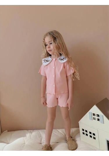 Nakışlı Bebe Yaka Kız Çocuk Takım Pembe