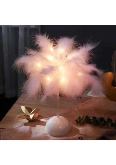 1 Adet Pil Gücü Led Gece Lambası Yatak Odası Düğün Dekorasyon İçin Tüy Masa White Beyaz