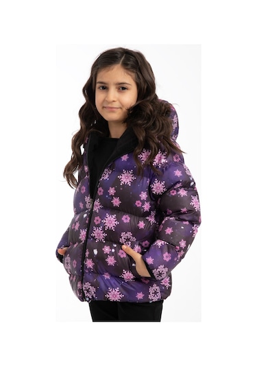 Freemen Kız Çocuk Mor Kar Tanesi Desen Polar Su Ve Rüzgar Geçirmez Kapüşonlu Şişme Kışlık Mont Mor