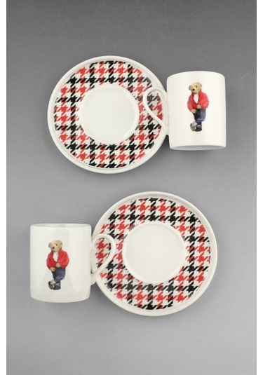 Teddy Bear Jeans İki Kişilik Porselen Kahve Fincan Takımı Kırmızı - Siyah