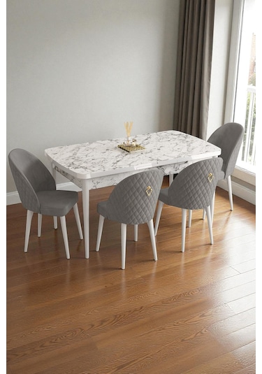 Mura Beyaz Mermer 80x132 Açılabilir Mdf Masa Yemek Odası Takımı, Mutfak Takımı 4 Adet Sandalye Gri
