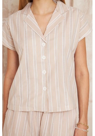 Kadın Özel Kumaş Ceket Yaka Beli Lastikli Kısa Kol Gömlek Cepli Şort Takım 3625290 Beyaz