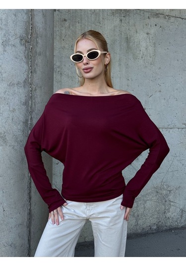 Kadın Kayık Yaka Full Esnek Asimetrik Kesim Comfort Spor Şık Tasarım Yumoş Bluz Bordo