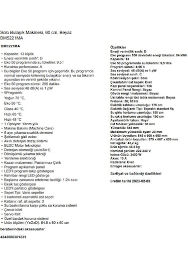 Profilo BM5221MA 5 Programlı 13 Kişilik Bulaşık Makinesi