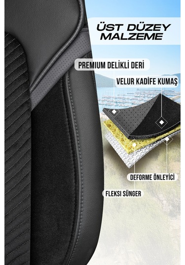 Siyah - Gri Garni Panda Monte Carlo Serisi Velor Kadife Kumaş Oto Koltuk Kılıfı - Tam Set