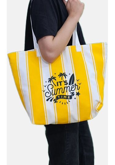 Summer Time Baskılı Ağzı Fermuarlı Kadın Plaj Çantası Çok Renkli