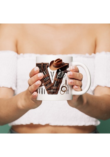 V Harfi Kovboy Temalı Bardak 330 Ml İsim / Harf Kişiye Özel Hediye - Vahşi Batı Konsept Beyaz