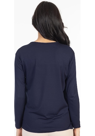 Yeni Model Taş İşlemeli Yuvarlak Yaka Likralı Anne Penye Bluz 6420-lacivert