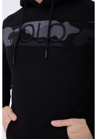 Erkek 3 İplik Pamuklu İçi Polarlı Regular Fit Nakışlı Kapüşonlu Kanguru Cepli Siyah Sweatshirt Siyah