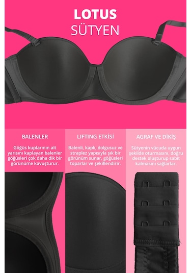 Siyah Balenli Toparlayıcı Dolgusuz Straplez Lotus Sütyen Siyah