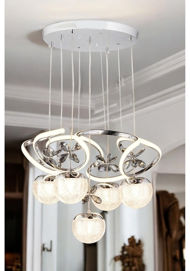 Ey-El Tasarım Galaksi Modern Sarkit Led Avize 3 Renk Krom Kaplamali Toplu Kelebek Taşlı Krom