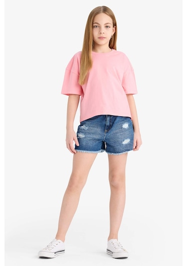 Defacto Kız Çocuk Relax Fit Bisiklet Yaka Basic Düz Kısa Kollu Tişört Z5095a625smpn323 Pembe