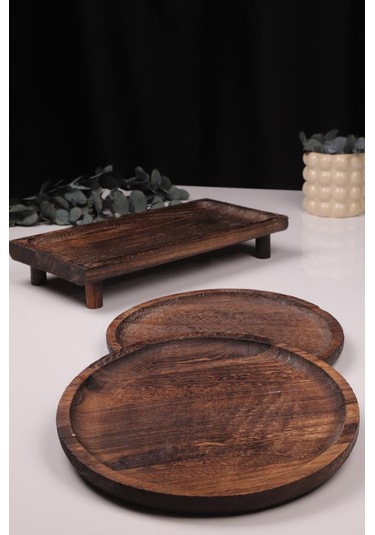Bambum 3 Parça Pavlonya Heritage Ahşap Sunum Ve Servis Seti Dikdörtgen Ve Yuvarlak Servis Tabakları Ahşap