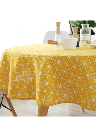 Ximistore9 Koyu Mavi Desenli Yumuşak Keten Masa Örtüsü - 120 Cm Daire Şekilli, Yıkama Dayanıklı, Renk Kaybı Olmayan, Modern Ev Dekoru Sari