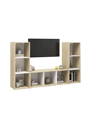 Deren Kitaplıklı Televizyon Sehpası Ünitesi Meşe Beyaz 150 Cm 9 Raflı Meşe - Beyaz