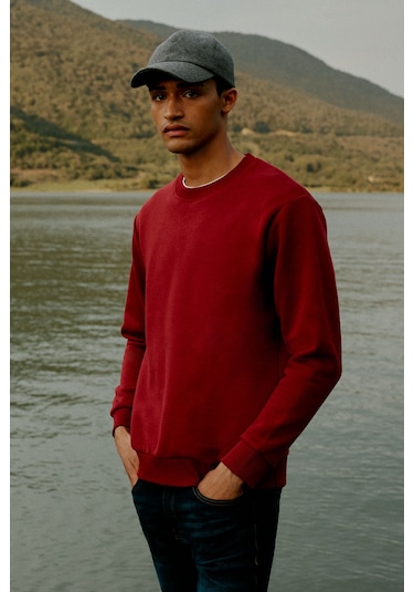 AC&Co / Altınyıldız Classics Erkek Bordo Standart Fit Normal Kesim İçi Polarlı Bisiklet Yaka Sweatshirt Bordo