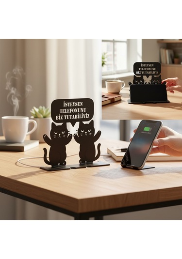 Metal Siyah Kedili Komik Tasarım Telefon Standı