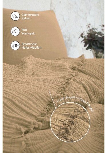 %100 Pamuk Çift Kişilik Müslin Yatak Örtüsü 4 Katlı Yumuşak Battaniye Müslin Pike Takımı 3 Parça Bej Bej