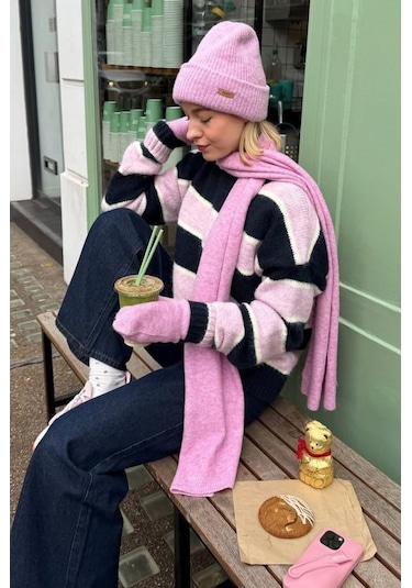 Madmext Lacivert/pembe Bisiklet Yaka Oversize Triko Kazak Mg1972 Lacivert/pembe