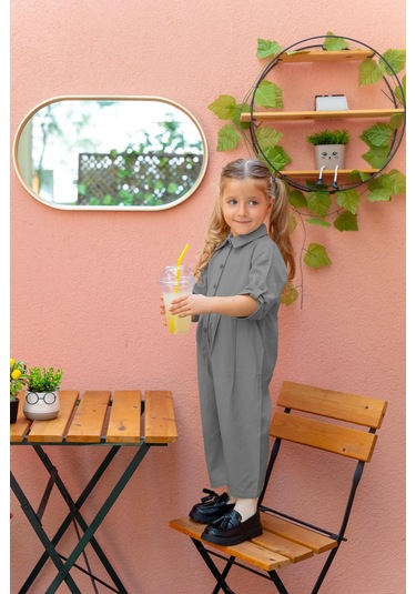 Oliventhekid Yakalı Pileli Kız Çocuk Tulum Gri Gri
